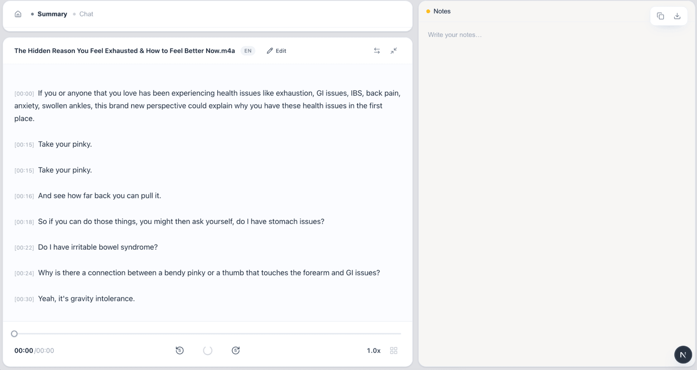 VoiceScribe AI transcript editor showing an MP4 video transcribed with timestamps