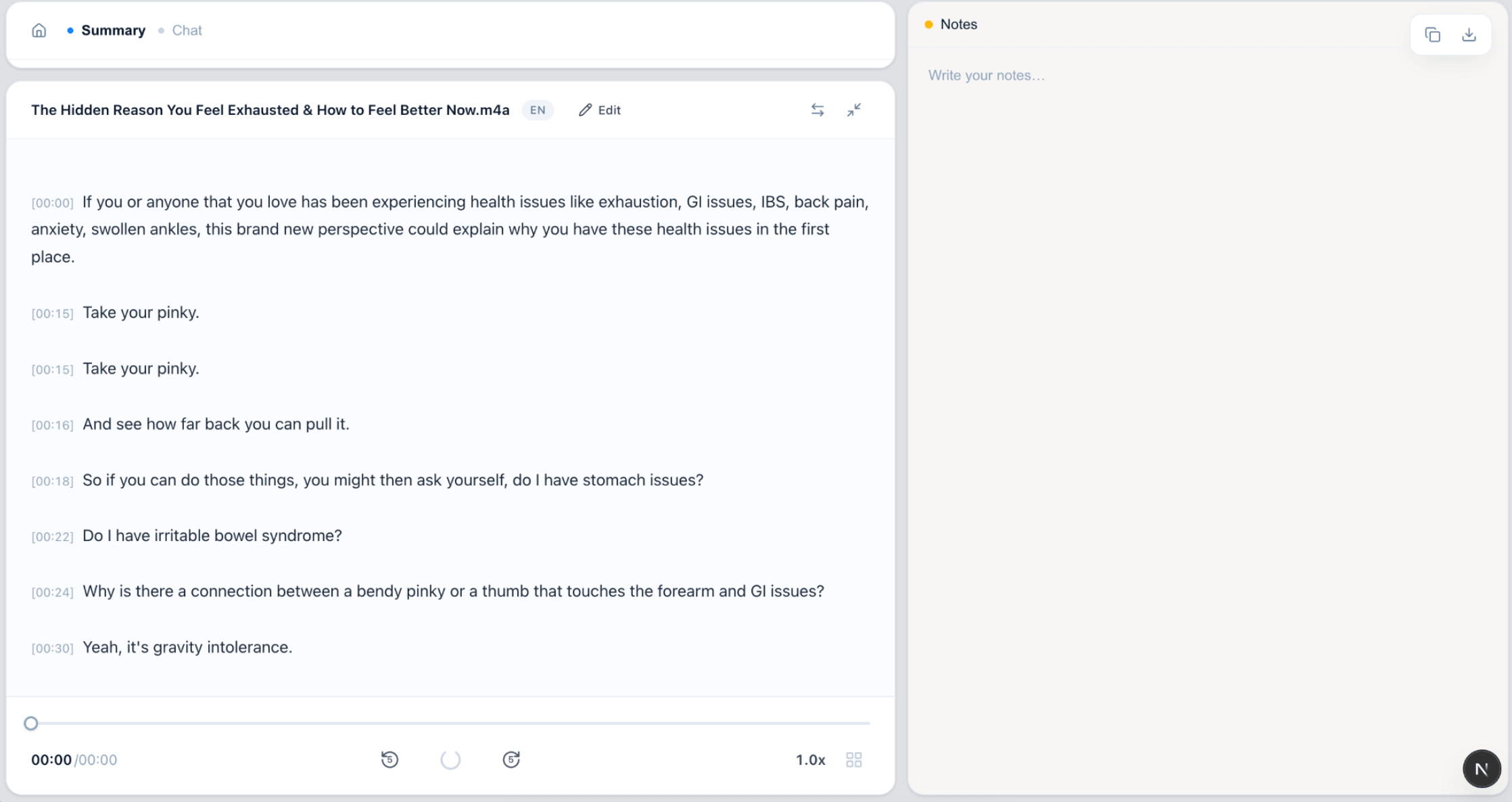 VoiceScribe AI transcript editor showing an MP4 video transcribed with timestamps