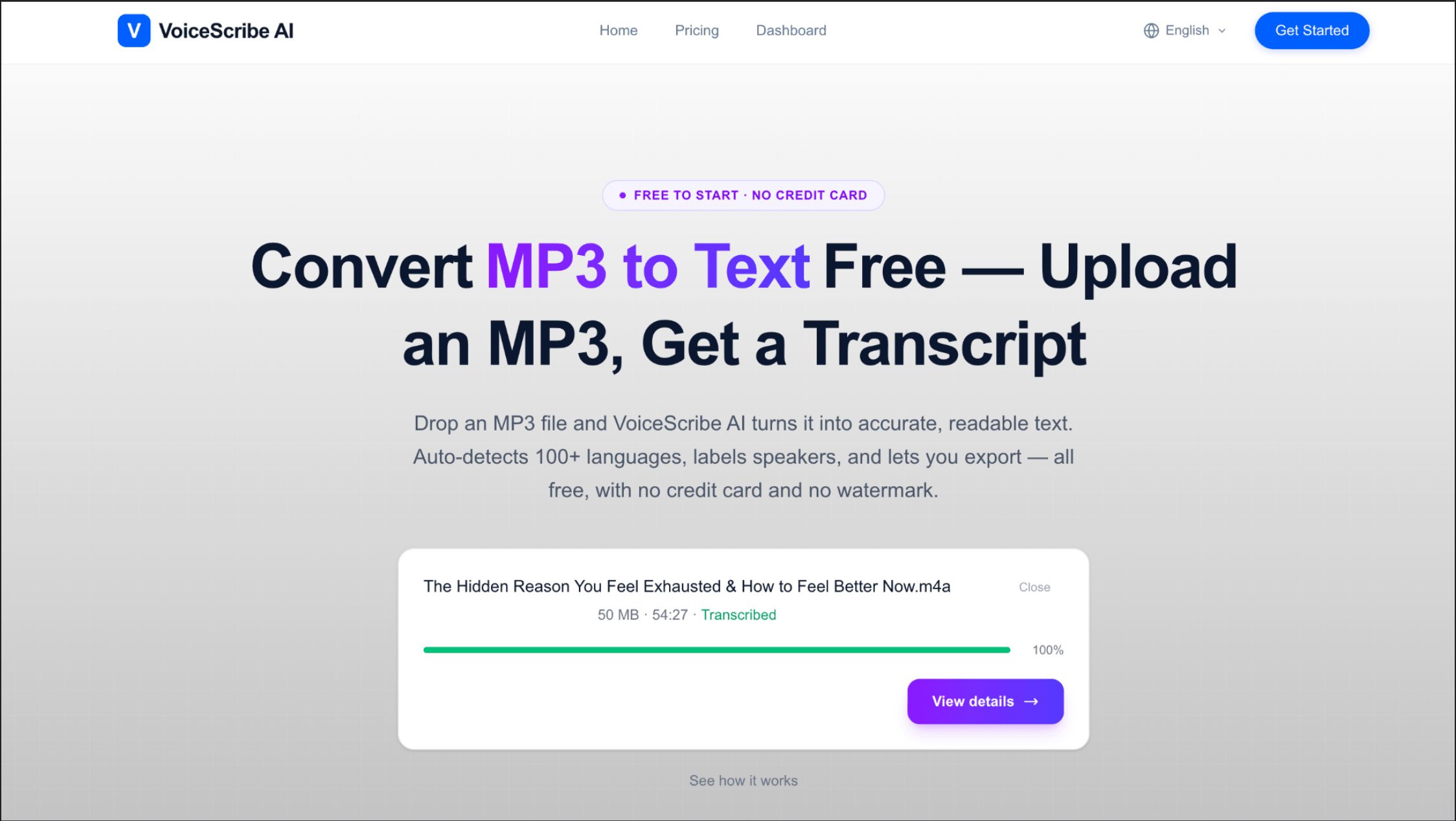 VoiceScribe AI upload card showing a finished transcription with a View details button