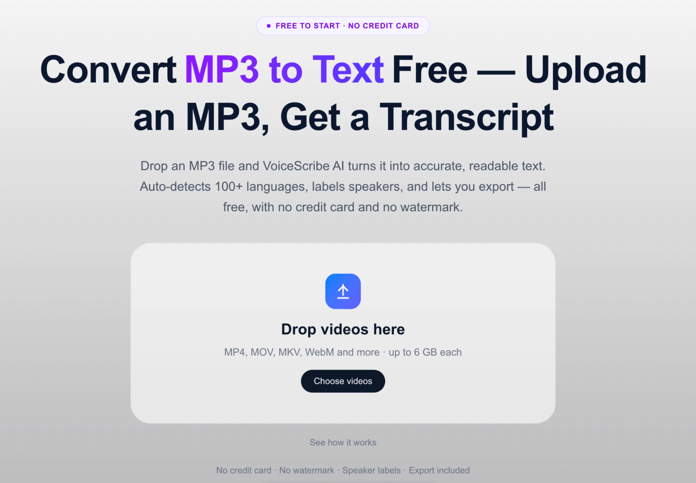 VoiceScribe AI upload screen for converting an MP4 video file to text